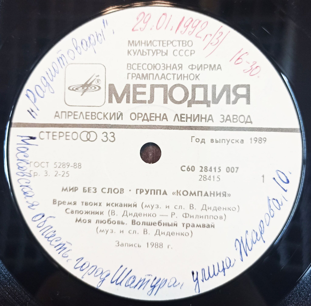 Винтажная виниловая пластинка Группа Компания Мир Без Слов World Without Words (СССР 1989)