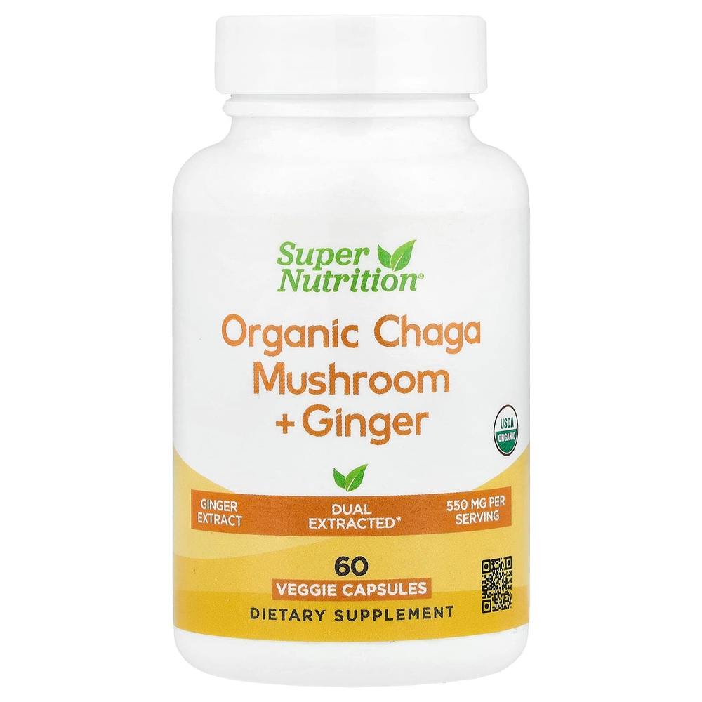 Super Nutrition, органический гриб чага с имбирём, 60 вегетарианских капсул