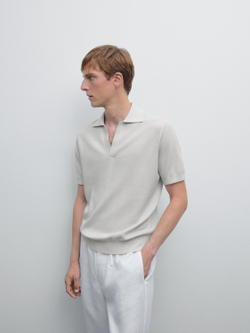 Massimo Dutti Вязаная футболка-поло с V-образным вырезом, цвет льда