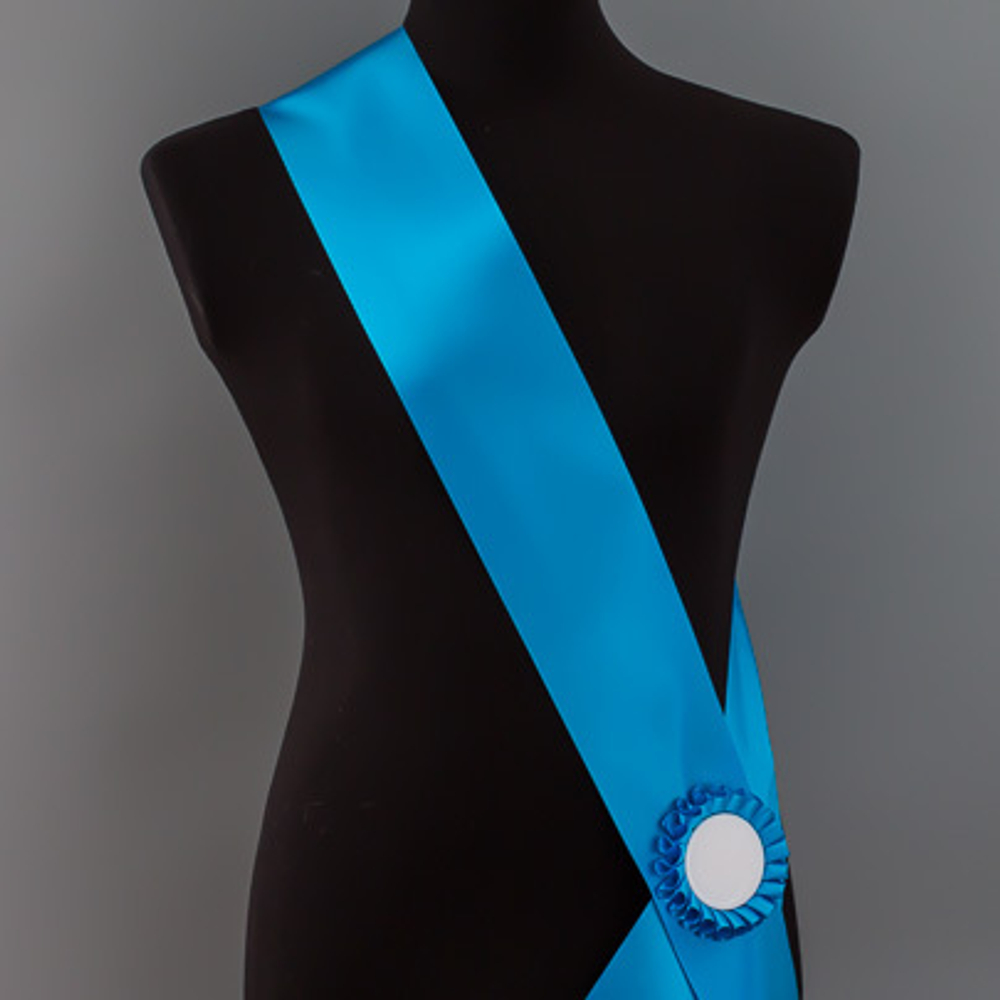 Лента наградная для конкурса красоты С НАНЕСЕНИЕМ. Цвет ленты СВЕТЛО-СИНИЙ. Крепление розетка с лого.