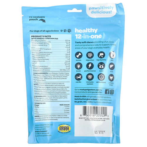 Ready Pet Go, Жевательные мультивитамины, универсальная поддержка иммунитета для собак, для всех возрастов, курица, сыр и бекон, 90 жевательных таблеток