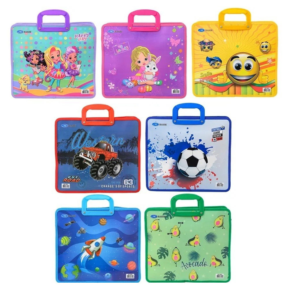 Папка школьная на молнии Basir, формат А4, сумка, с пластиковыми ручками и тканевой окантовкой, 34,5*30,5, 8 цветов ассорти