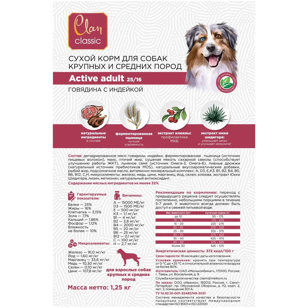 Сухой корм CLAN CLASSIC Active для активных собак средних и крупных пород с говядиной