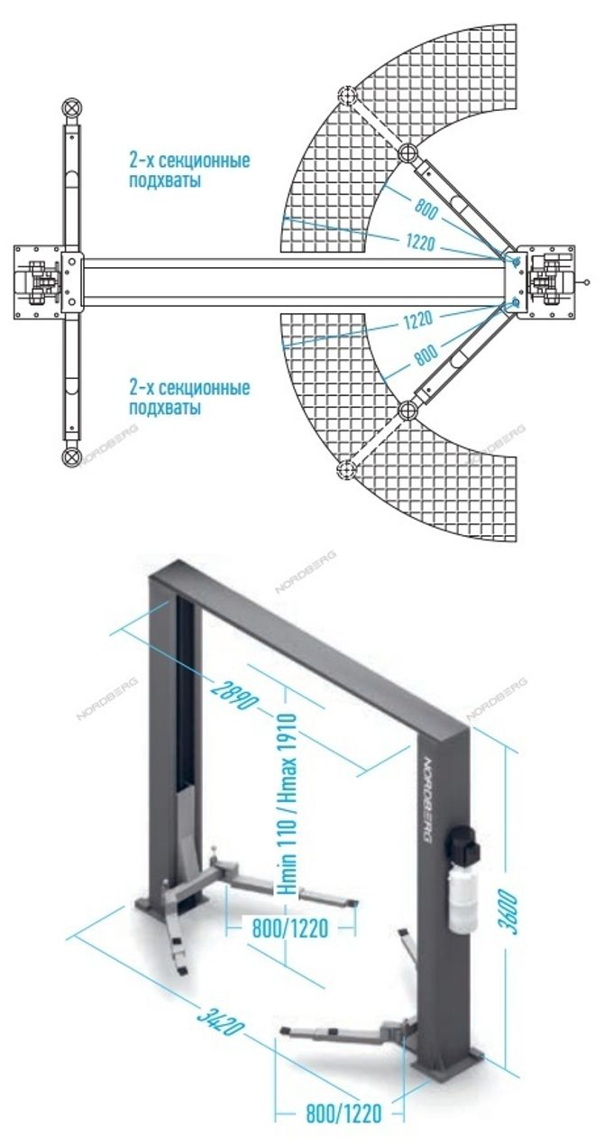 NORDBERG (N4120H-4G) Подъемник 380V 2х стоечный 4т с верхней синхронизацией, H=3,6 м (серый)