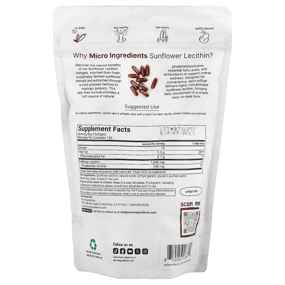 Micro Ingredients, подсолнечный лецитин, 300 капсул