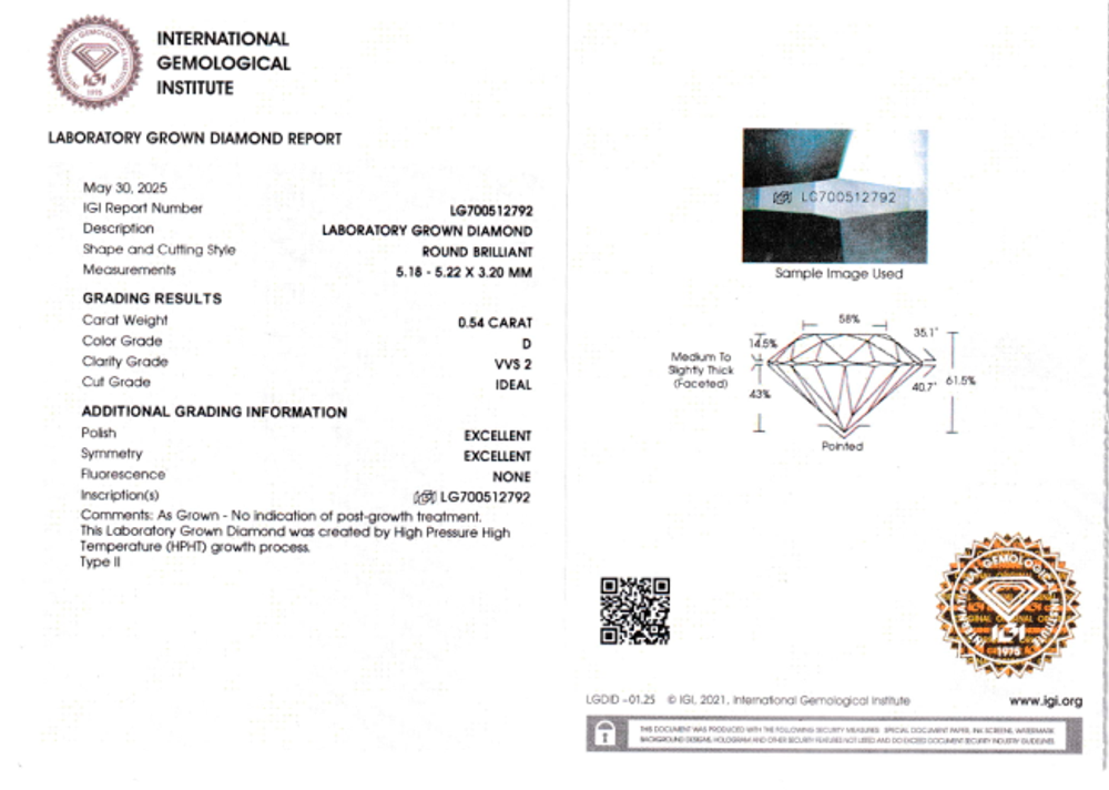 Лабораторно-выращенный бриллиант Кр-57 5.18-5.22 мм D/VVS2 0.54 ct