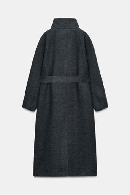 ZARA ПАЛЬТО С ВЫСОКИМ ВОРОТНИКОМ ИЗ МЯГКОЙ ТКАНИ С ПОЯСОМ, СЕРЫЙ