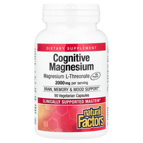 Natural Factors, Cognitive магний, 90 вегетарианских капсул (48 мг в 1 капсуле)