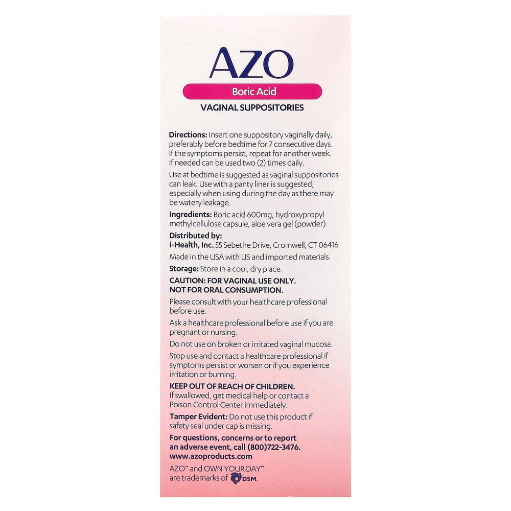 AZO, вагинальные свечи с борной кислотой, 600 мг, 30 свечей