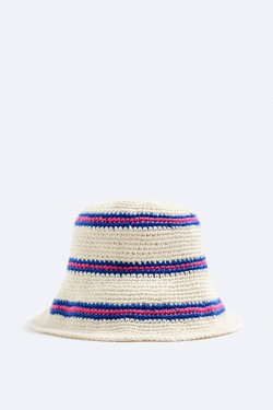 ZARA ШЛЯПА ИЗ КРУЖЕВА КРОШЕ В ПОЛОСКУ, ЭКРЮ