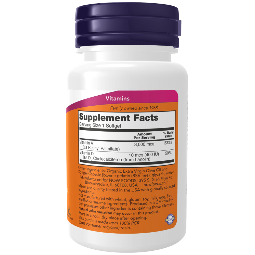 Now Foods Vitamins A & D 10000 / 400 МЕ 100 softgels, Витамин А и Д3