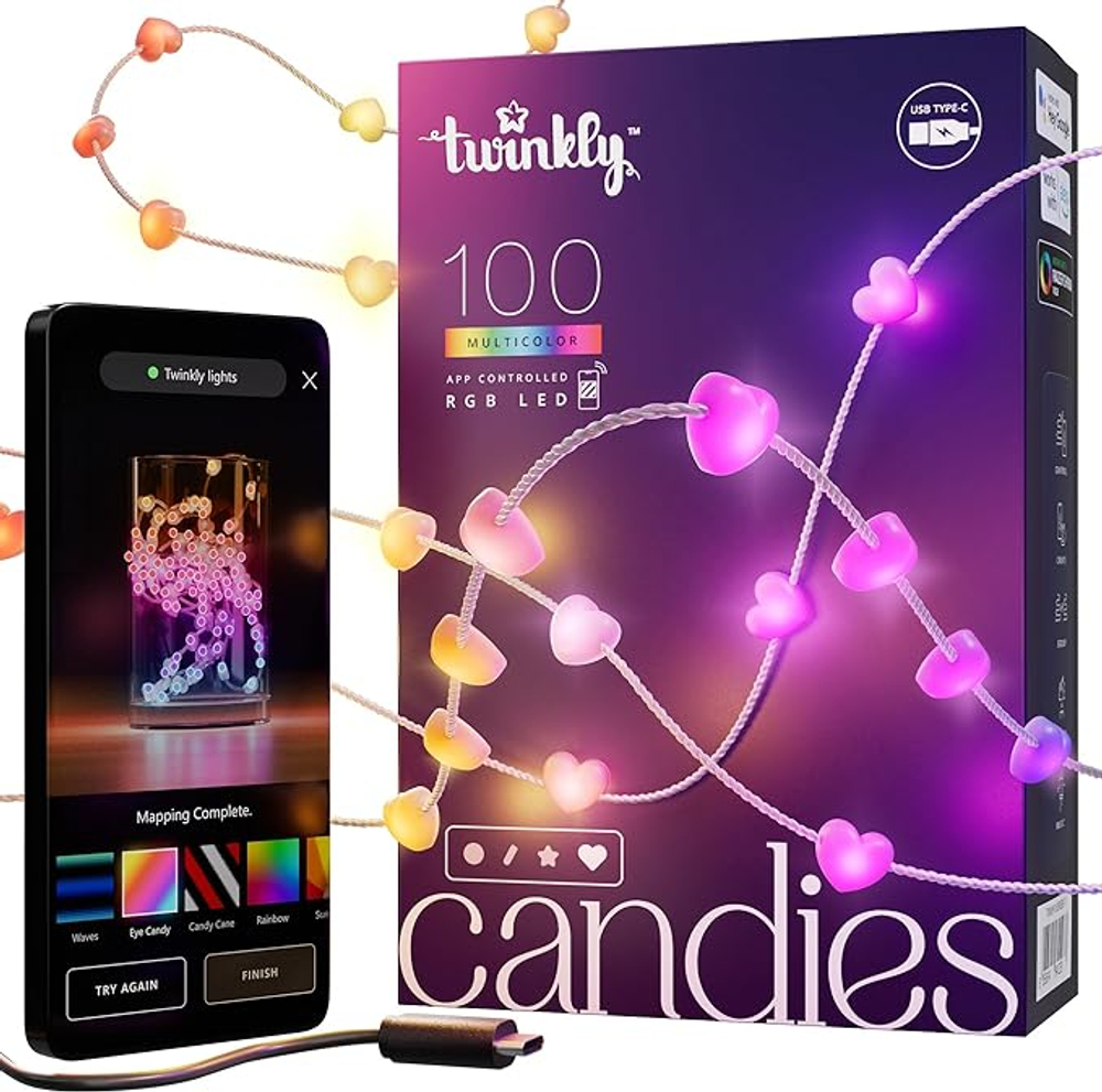 Гирлянда Twinkly Candies Hearts 100 диодов, в форме сердца, RGB, расстояние между лампами 6 см, прозрачный провод, BT+WiFi, IP20, питание от USB-C
