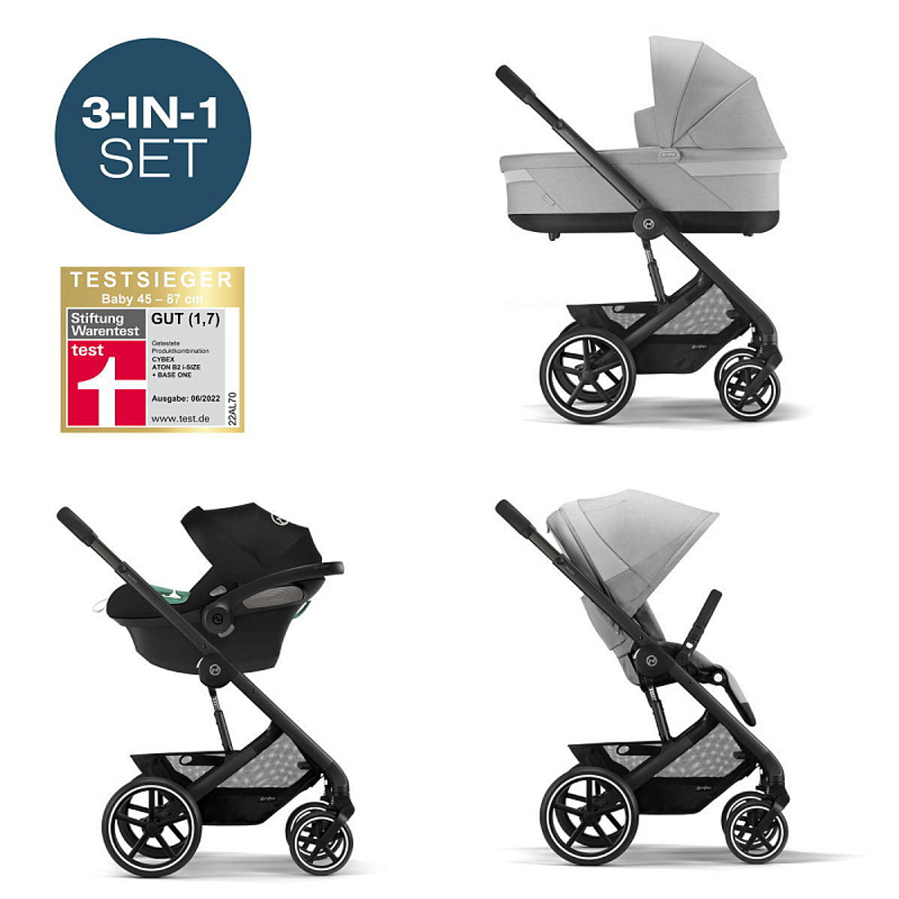 Коляска 3 в 1 Cybex Balios S Lux BLK и автокресло Aton B2 i-Size Volcano Black с базой isofix Base One Lava Grey с дождевиком