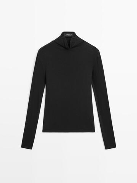 Massimo Dutti Футболка из смеси лиоцелла и шерсти с длинными рукавами, черный