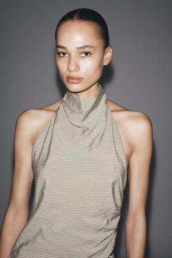 ZARA КОРОТКОЕ ПЛАТЬЕ-ХАЛТЕР В ПОЛОСКУ С ПОЯСОМ, БЕЖЕВО-КОРИЧНЕВЫЙ