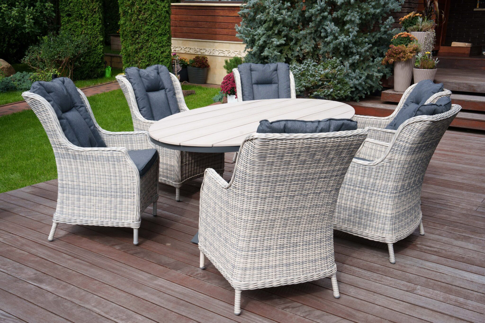 Комплекты садовой мебели из искусственного ротанга : обеденный стол ЛУГАНО ( 2.2Х 1.14 м) + 6 кресел БЕРГАМО(цвет серый)