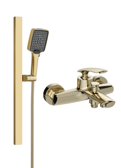 Смеситель для ванны с душем STWORKI Гётеборг S03100GG + Душевой гарнитур Ольборг S20190GG, глянцевое золото