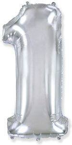 Шар (40''/102 см) Цифра, 1, Серебро, 1 шт. в уп.