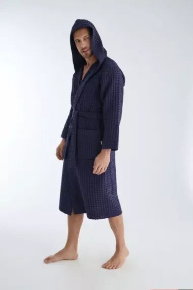 Вафельный мужской халат 1325 синий  NUSA Турция
