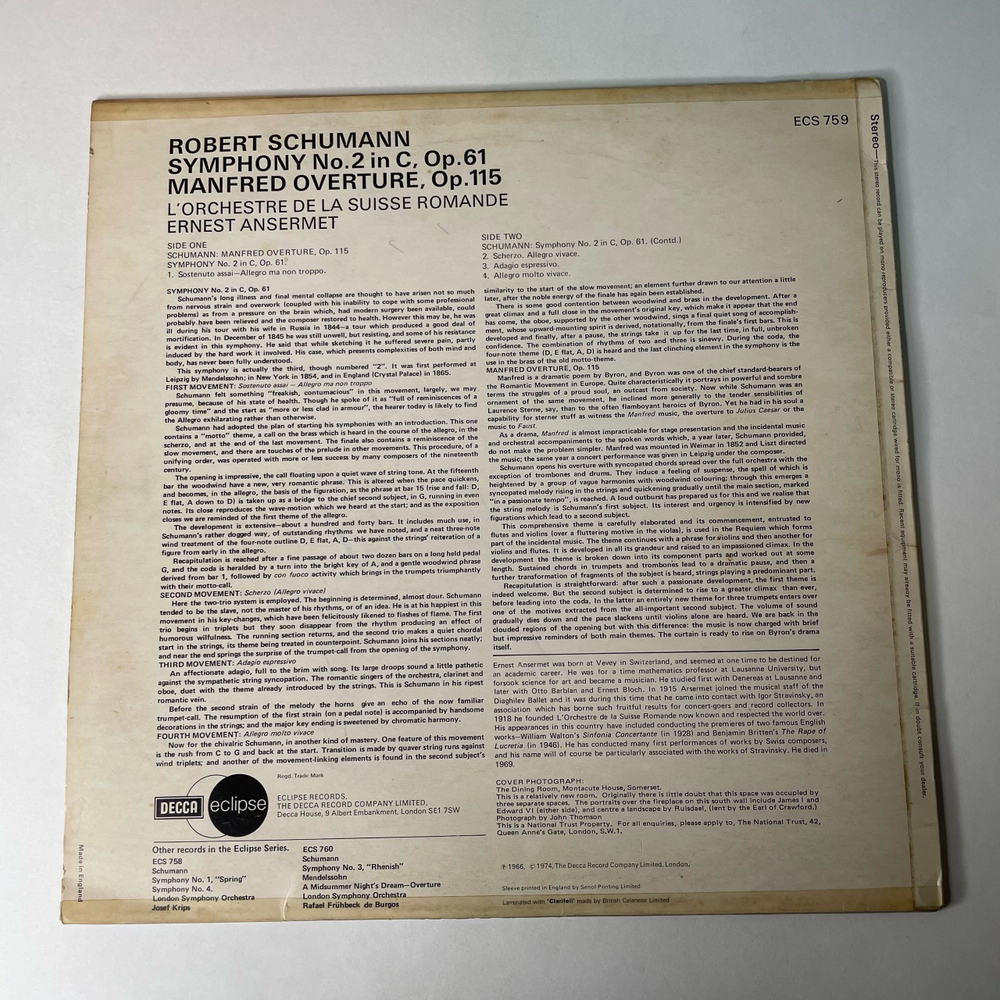 Винтажная виниловая пластинка LP Schumann Шуман, L'Orchestre De La Suisse Romande, Ernest Ansermet, Symphony No. 2, Manfred Overture (Англия 1974)