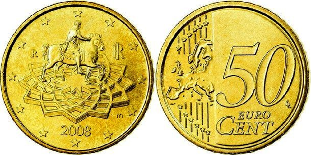Италия 50 евроцентов, 2008-2024 Конная статуя Марка Аврелия XF