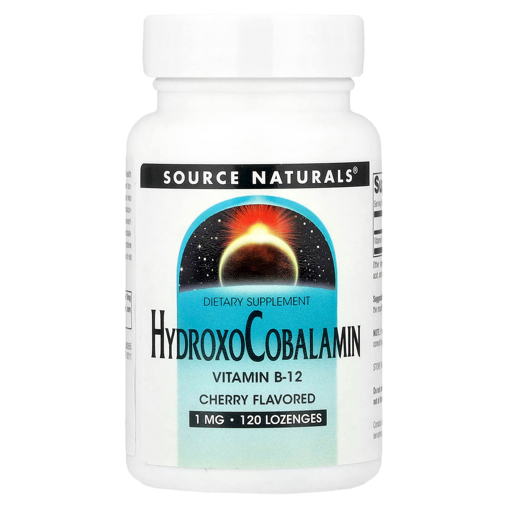 Source Naturals, гидроксокобаламин (витамин B12), вишня, 1 мг, 120 таблеток для рассасывания