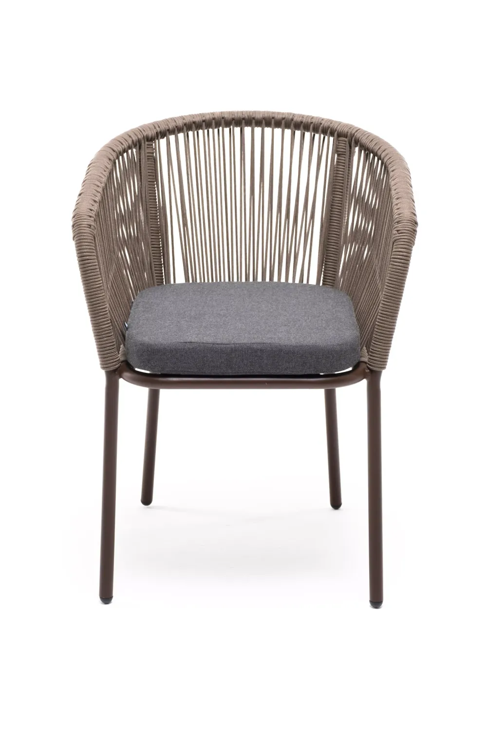 "Марсель" стул плетеный из роупа, каркас алюминий коричневый (RAL8016) муар, роуп коричневый круглый, ткань темно-серая 027