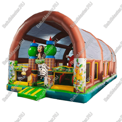 Надувной батут «Зверята с крышей 3» со скалодромом, с коричневый, 14х7х6 м