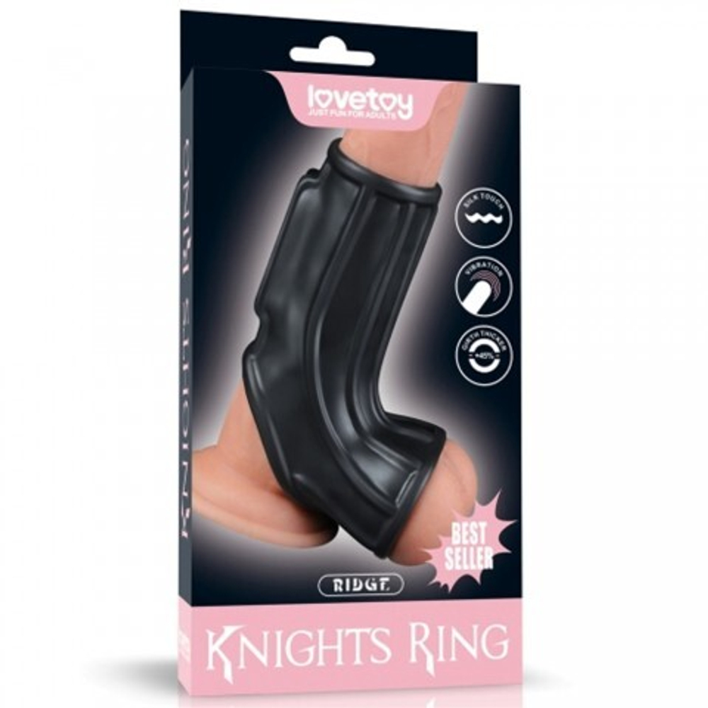 Насадка на пенис с рукавом для мошонки Lovetoy Knights Ring Ridge с вибрацией черная