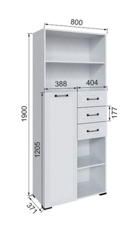 Стеллаж с 3 ящиками и дверкой Бруклин 80ДС-1