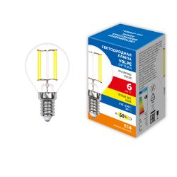 LED-G45-6W-3000K-E14-CL-SLF Лампа светодиодная. Форма шар. прозрачная. Теплый белый свет 3000K. ТМ Volpe