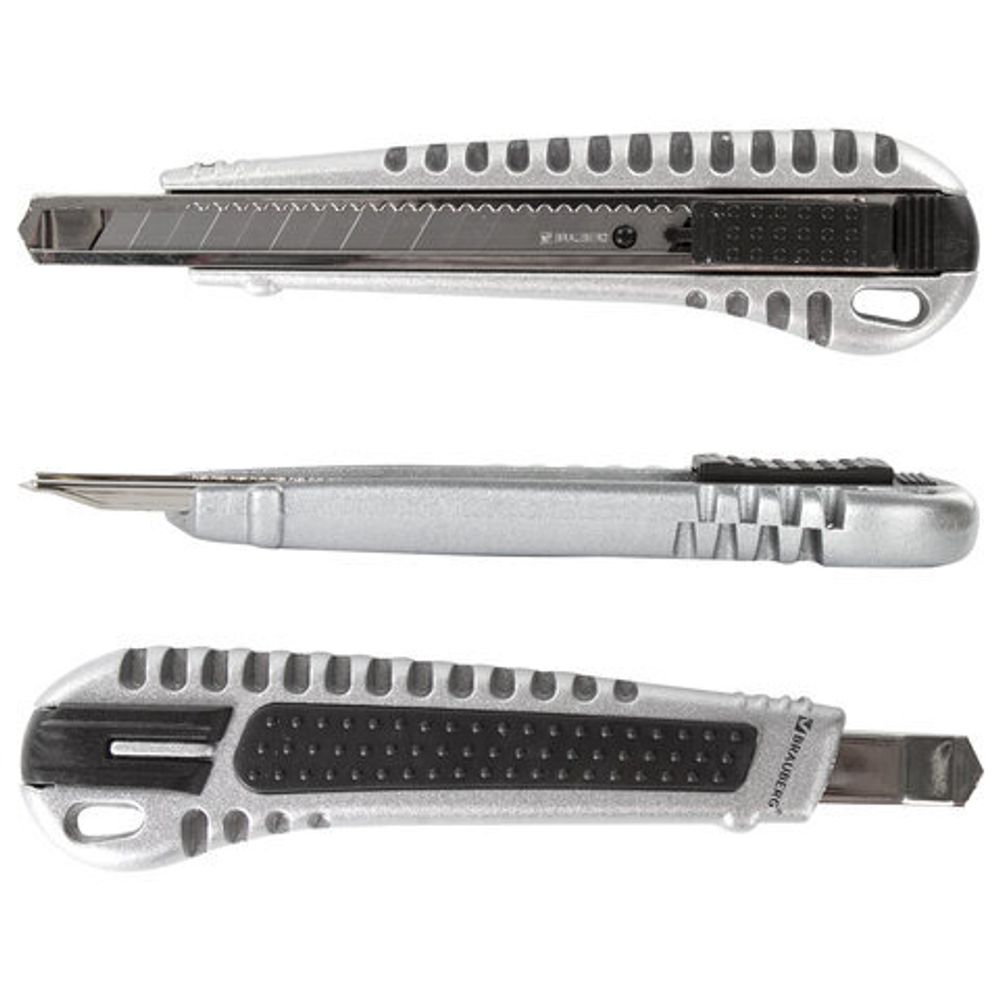 Нож универсальный 9 мм BRAUBERG "Metallic", металлический корпус (рифленый), автофиксатор, блистер, 236971