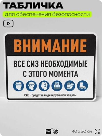 Табличка для обеспечения безопасности "Все СИЗ необходимые с этого момента", для производства, предприятия, организаций, 40х30 см, Silver Plane x Айдентика Технолоджи