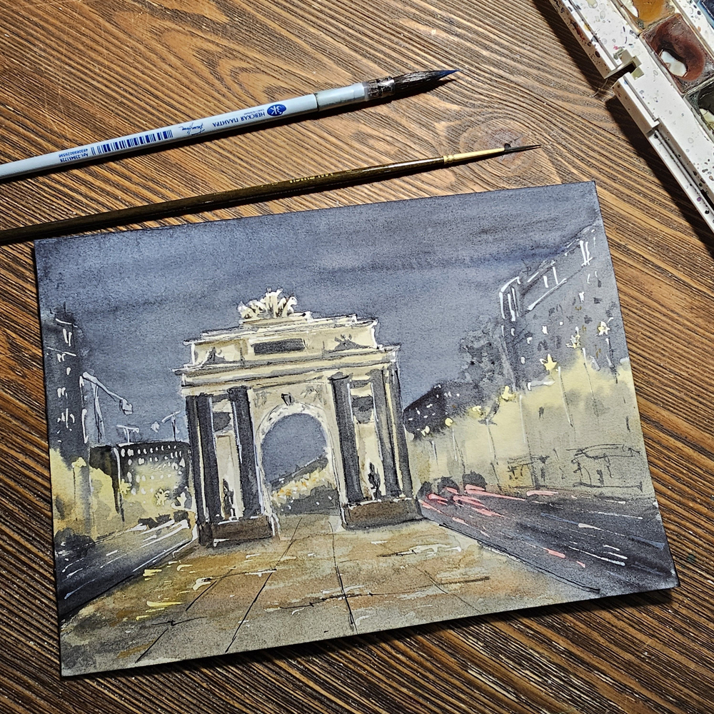 Картина акварельная авторская в раме и паспарту 21х30 см на стену для интерьера "Триумфальная арка"