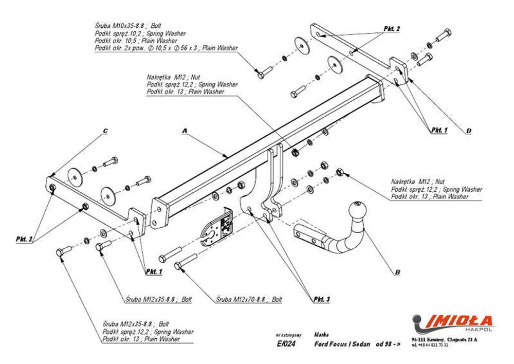 Фаркоп IMIOLA E.024 Ford Focus седан 1998-2004(паспорт и сертификат в комплекте)(без электрики)