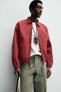 ZARA КУРТКА REGULAR FIT ИЗ ВЫСТИРАННОГО ХЛОПКА, КРАСНЫЙ