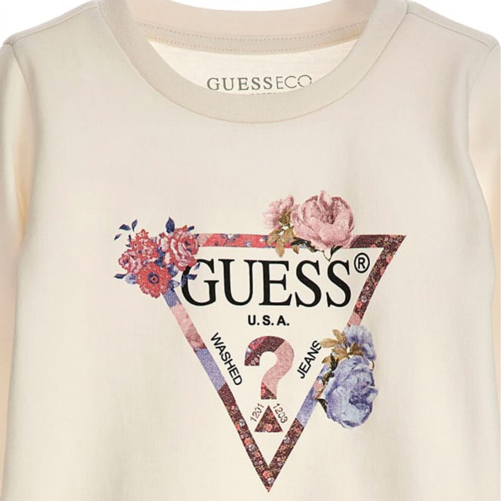 Платье трикотажное GUESS Экрю/Термопринт: разноцветный треугольник-логотип с цветами/Волан (Девочка)
