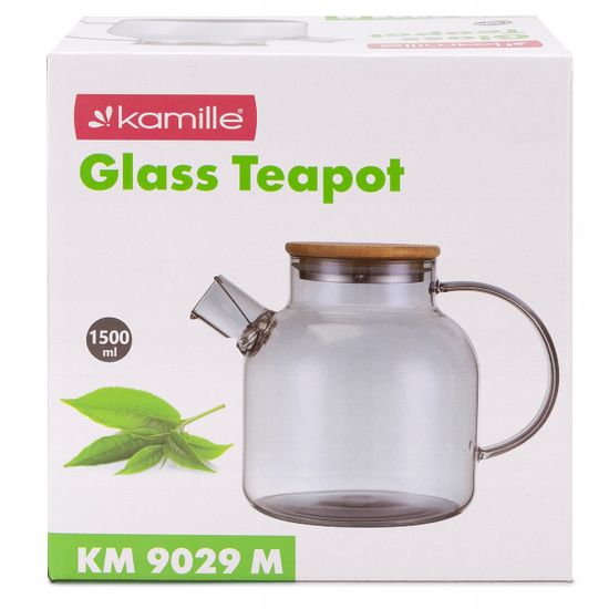 Стеклянный заварочный чайник 1500 мл. Kamille KM 9029M с бамбуковой крышкой