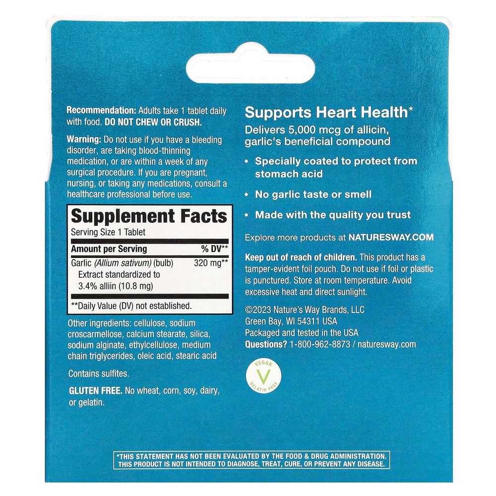 Nature's Way, Garlinase® 5000, экстракт чеснока, 320 мг, 100 веганских таблеток с кишечнорастворимой оболочкой