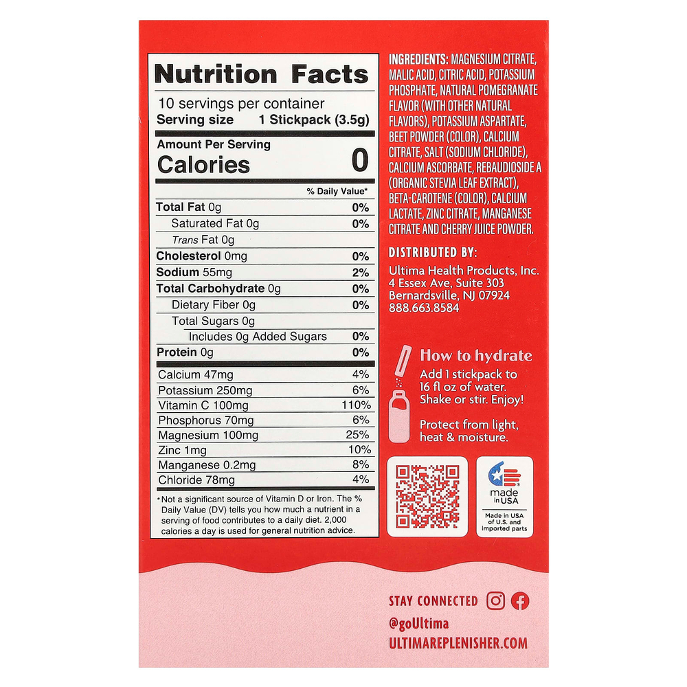 Ultima Replenisher, 6 Essential Electrolytes, ежедневная смесь для приготовления электролитов, вишня и гранат, 10 пакетиков по 3,5 г (0,12 унции)