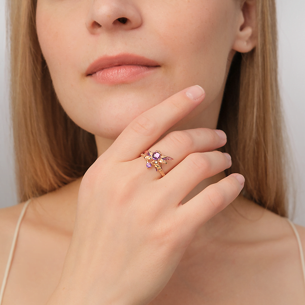 Кольцо «Стрекоза» из красного золота с аметистами и эмалью