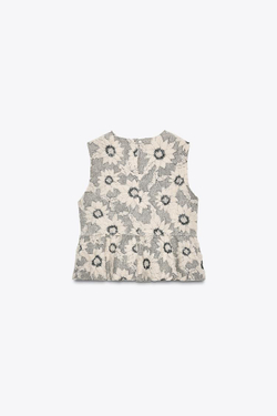 ZARA ТОП С БАСКОЙ, ТЕКСТУРНОЙ ТКАНЬЮ И ЦВЕТАМИ, ЭКРЮ/ЧЕРНЫЙ