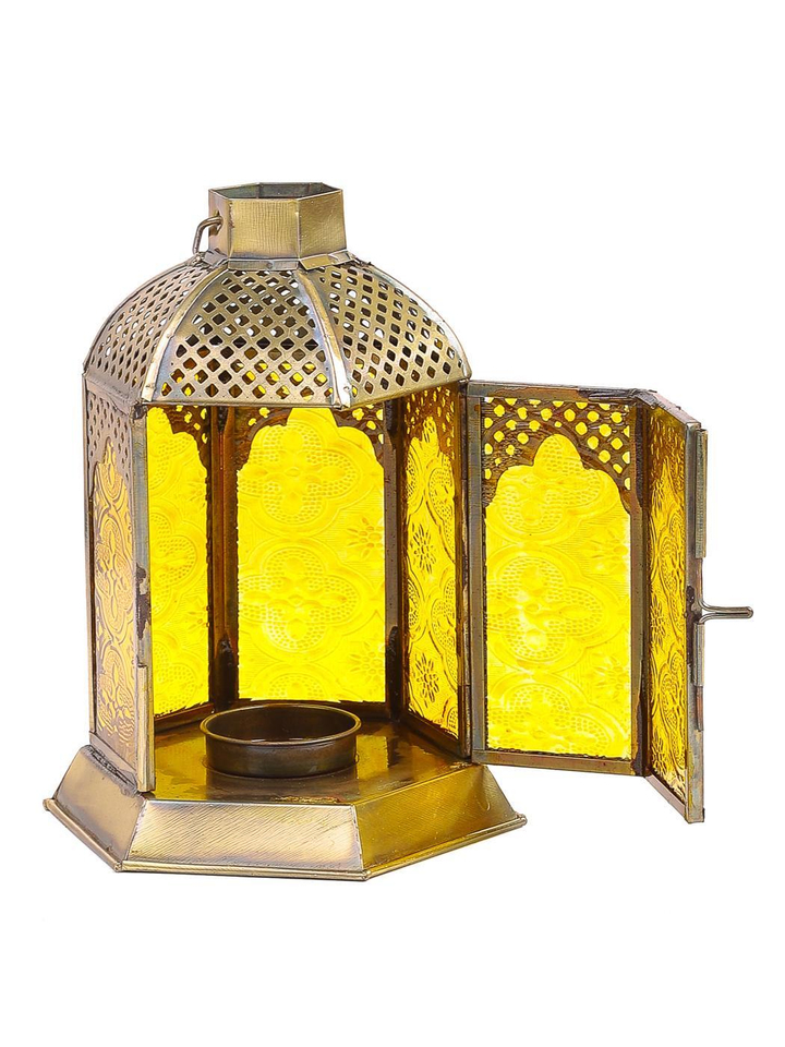 Подсвечник Фонарь металл золотистый, стекло желтое 11x11x18 см