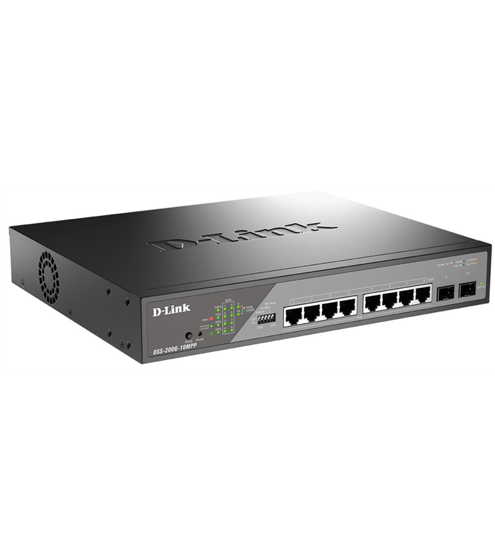 Коммутатор D-Link Smart L2 Surveillance Switch 8х1000Base-T PoE 802.3bt 90W, 2x1000Base-X SFP, PoE Budget 242W, Long-range PoE up to 250m