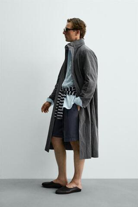 ZARA Х AARON LEVINE ЛЕГКИЙ ТРЕНЧ С ЭФФЕКТОМ ПОТЕРТОСТИ, СЕРЫЙ МЕЛАНЖ