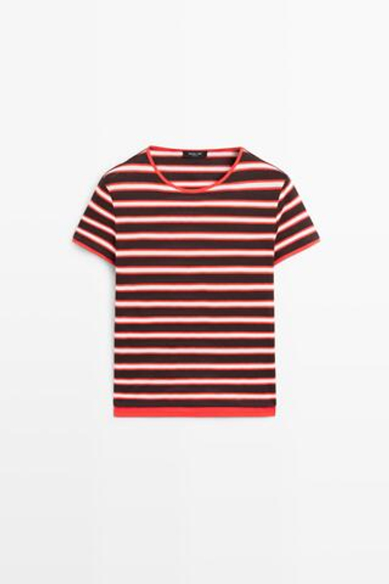 Massimo Dutti Хлопковая футболка в полоску с короткими рукавами, красный