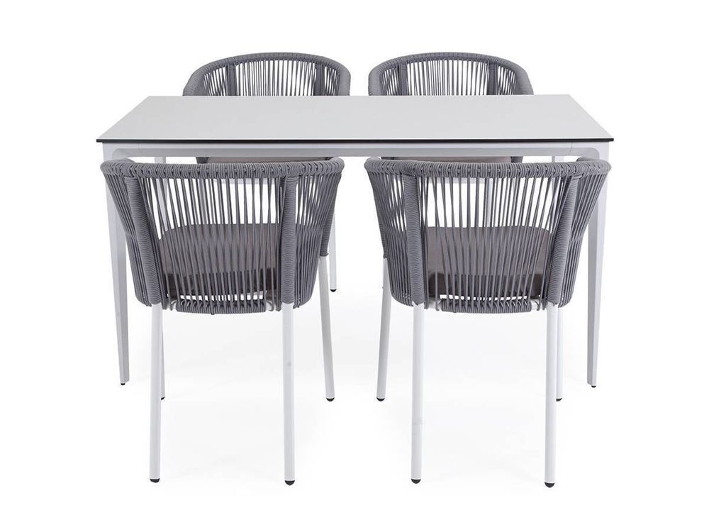 "Малага" обеденная группа на 4 персоны со стульями "Марсель", каркас белый, роуп светло-серый