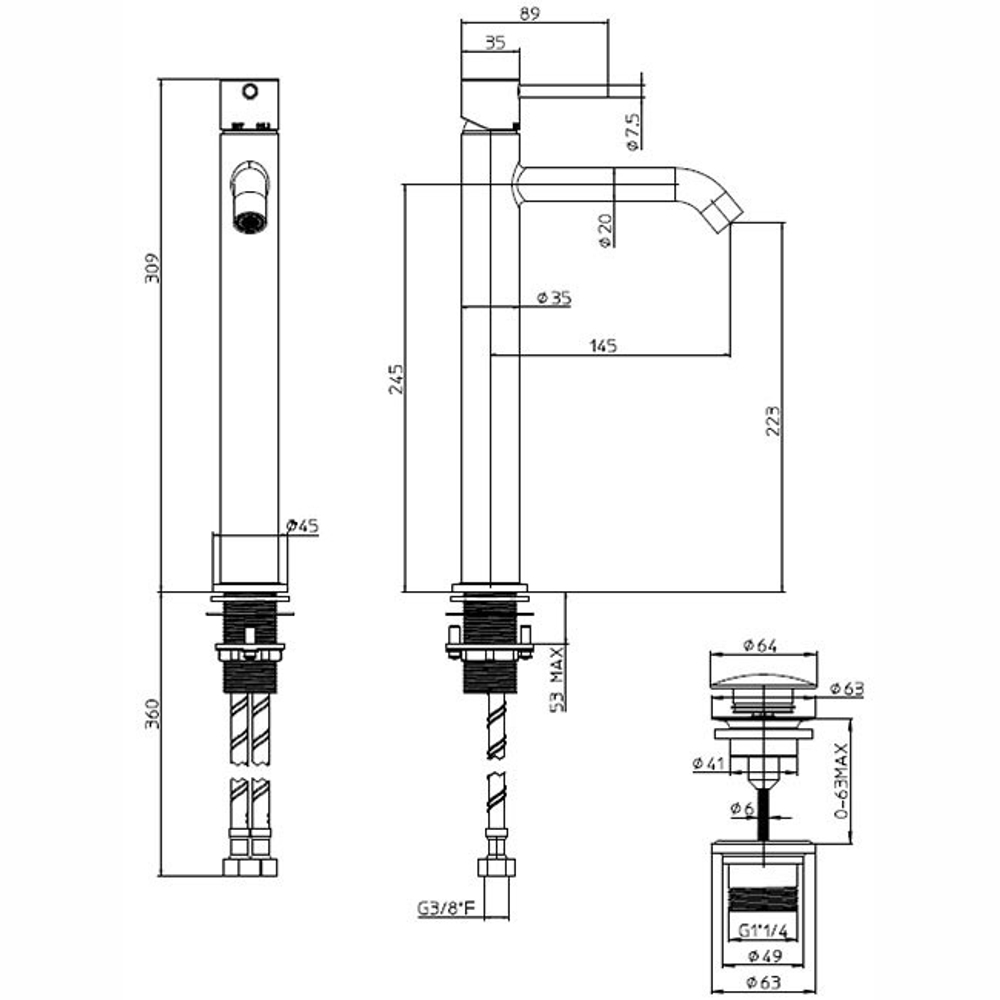 Bossini Teo-T смеситель для раковины, высокий, донный клапан Click-Clack, цвет Antique Brass