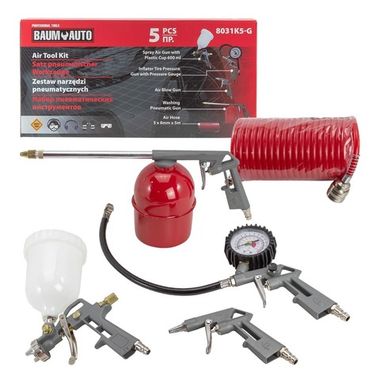 Набор пневмоинструмента 5пр.(краскопульт-сопло 1.5мм,обдувочник,подкачка,промывка+шланг 5м) Baum Auto##BaumAuto BM-8031K5-G