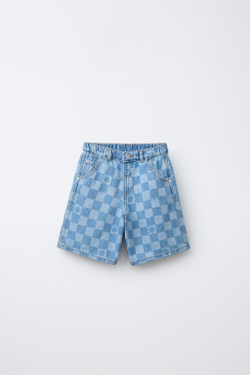 ZARA ДЖИНСОВЫЕ ШОРТЫ В ШАХМАТНУЮ КЛЕТКУ, ГОЛУБОЙ